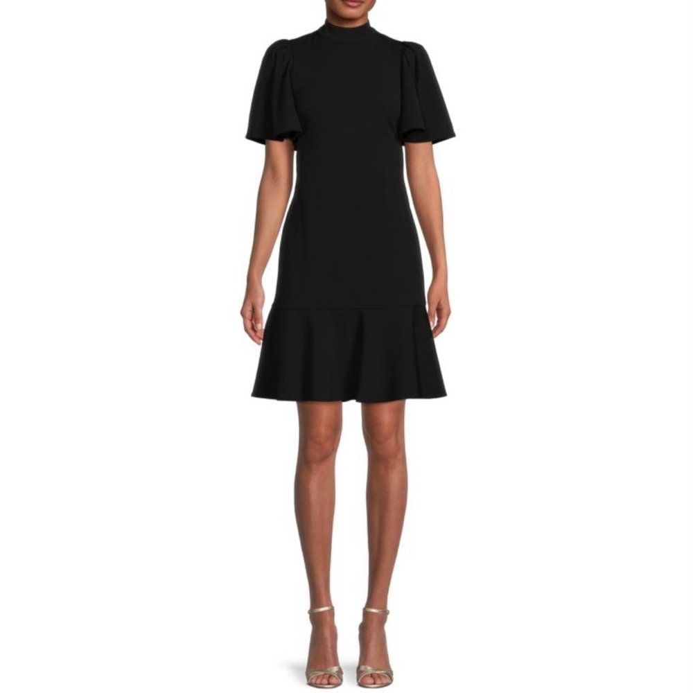CALVIN KLEIN Ruffle A-Line Mini Dress Sleeves High Neck Scuba - Size 10